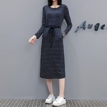 2020 Autumn dress new size womens stripes waist waist slim knee long skirt fat mm loose long sleeve dress women