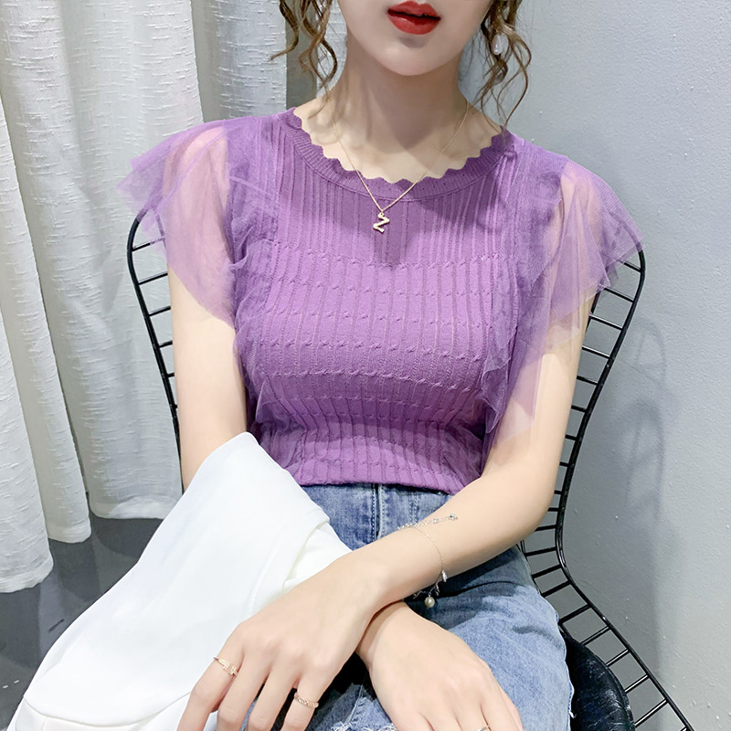 Ice wire knitted shirt short sleeve purple T - shirt 2022 summer new menu - shirt flying sleeveless net jacket