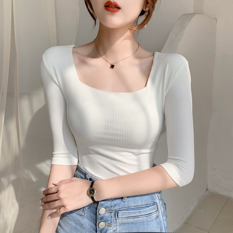 Three-Quarter Sleeve Short-Sleeve T-Shirt for Women, Summer 2026 New Style, Tight-Fitting Mid-Sleeve Square Neck Top, Trendy Base Layer Shirt Three-Quarter Sleeve Short-Sleeve T-Shirt for Women, Summer 2026 New Style, Tight-Fitting Mid-Sleeve Square Neck Top, Trendy Base Layer Shirt