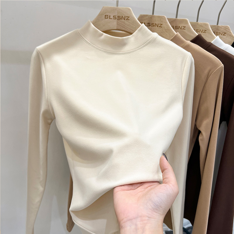 Double sided Develvet semi-high collar bottom-shirt female plus suede thickened warm medium collar blouse with long sleeve t-shirt woman-Taobao