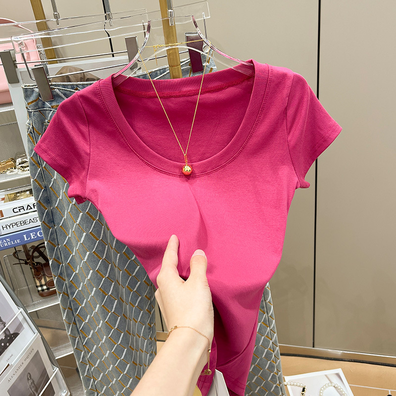 Summer Dopamine Outfit Clavicle-Baring Tight Top Hot Girl Solid Color Short-Sleeve T-Shirt Women's Summer 2026 New Style Summer Dopamine Outfit Clavicle-Baring Tight Top Hot Girl Solid Color Short-Sleeve T-Shirt Women's Summer 2026 New Style