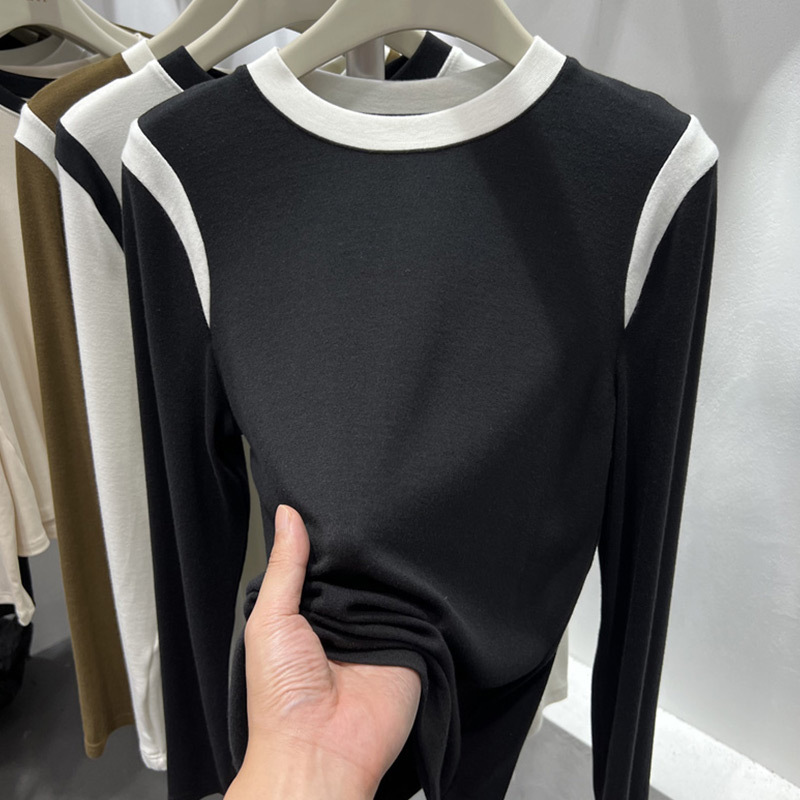 Contrast Color Round Neck Base Shirt for Women, New Autumn and Winter Style, High-End European Style Slim Fit Long-Sleeve T-Shirt for Women Contrast Color Round Neck Base Shirt for Women, New Autumn and Winter Style, High-End European Style Slim Fit Long-Sleeve T-Shirt for Women