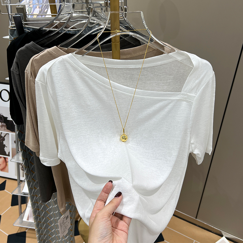 Ice Silk Mask T-Shirt for Women, Short-Sleeved, Thin, Summer 2024 New Style, Loose, Unique and Delicate Design, Off-Shoulder Top, Trendy