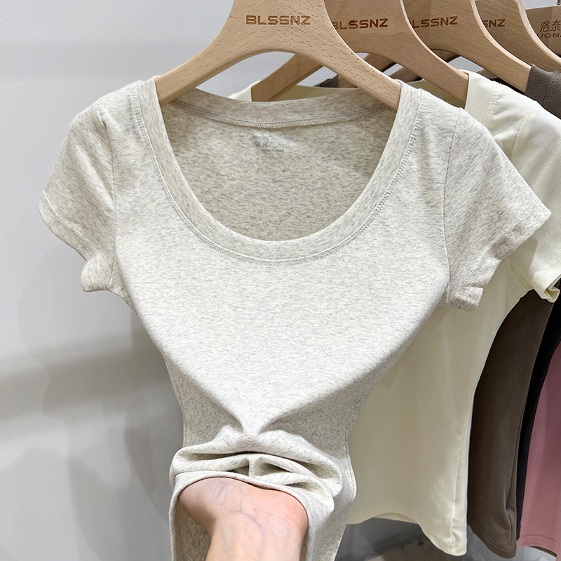 U-Neck T-Shirt for Women, Short-Sleeved, Slim Fit, Summer 2024 New Style, Slimming, Versatile, French-Style, Low-Neck, Short Top