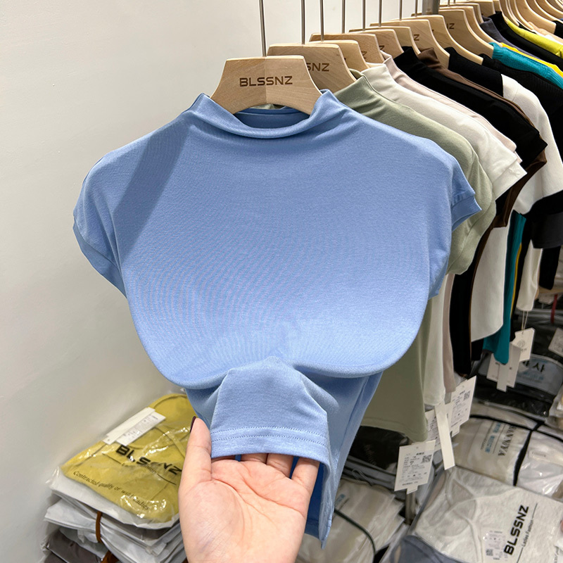 European Style Sleeveless T-Shirt for Women, Short-Sleeved, Summer 2024 New Style, Half-High Collar, Base Layer, Pure and Sexy Tight-Fitting Top