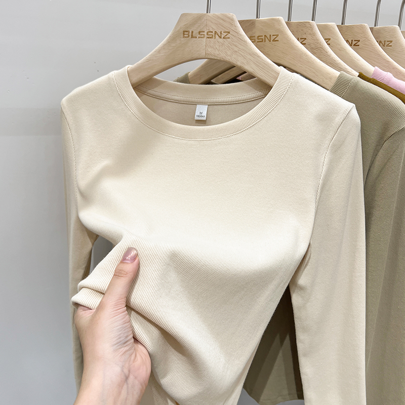 Pure cotton long sleeve t-shirt women's first fall 2023 new round neckline with velvety blouse with undershirt female inner lap winter-Taobao