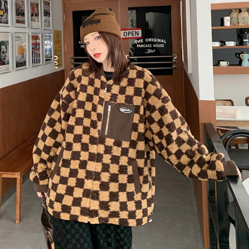 NEIGBORL tide brand checkerboard sheep curly coat men's autumn and winter all-match baseball collar plus velvet thickening couple cotton clothes