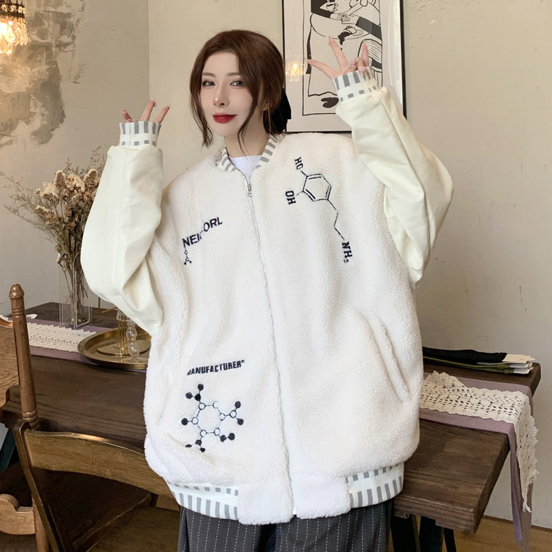 NEIGBORL chemical element embroidered lamb wool splicing jacket male and female winter gush couple short cotton clothing wave