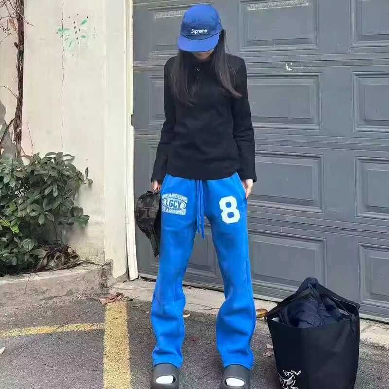 Be Around Sweatpants Klein Blue American Print Heavyweight Fleece-Lined Autumn and Winter Scimitar Wide-Leg Pants Sports Pants