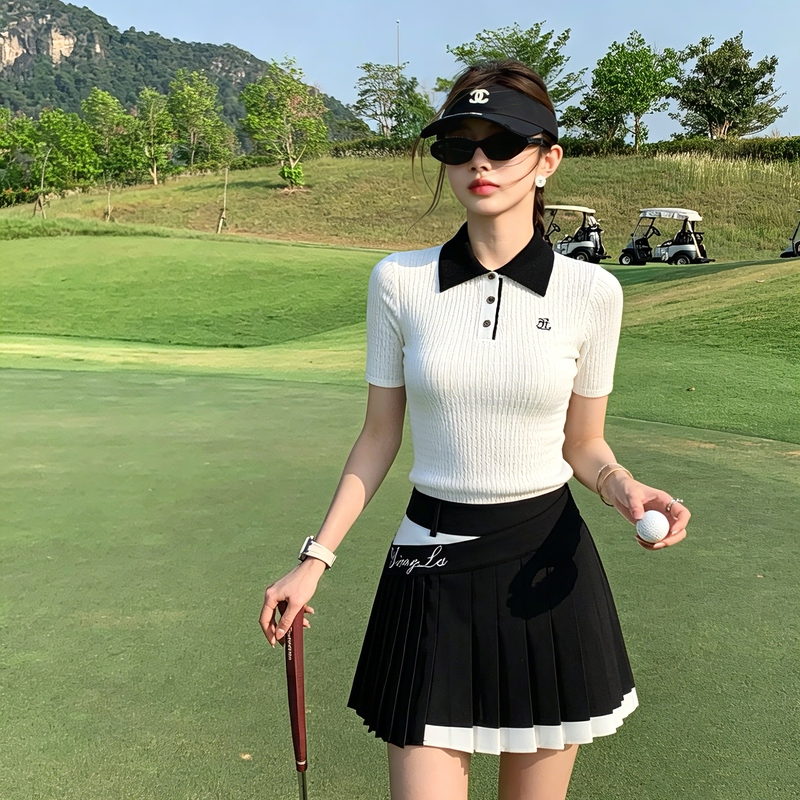 Korean Style Golf Women's Summer Lapel Polo Shirt Short-Sleeved Top Elastic Quick-Drying Tennis Skirt Sports Suit