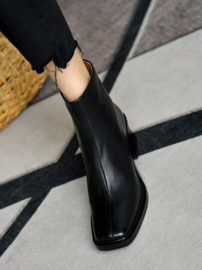 Black square toe thick heel short boots for women autumn and winter velvet 2025 new style French all-match ankle boots genuine leather high heel slim boots