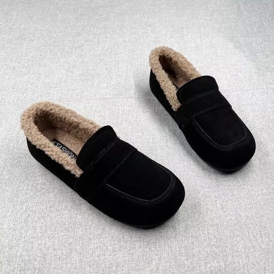 Genuine fur shoes for women, slip-on beanie shoes, autumn and winter 2025 new warm lambswool flat-soled beanie shoes