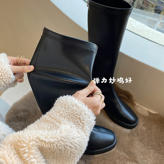 Women's autumn and winter velvet boots 2025 new style knee-high knight boots thick legs slimming Martin boots