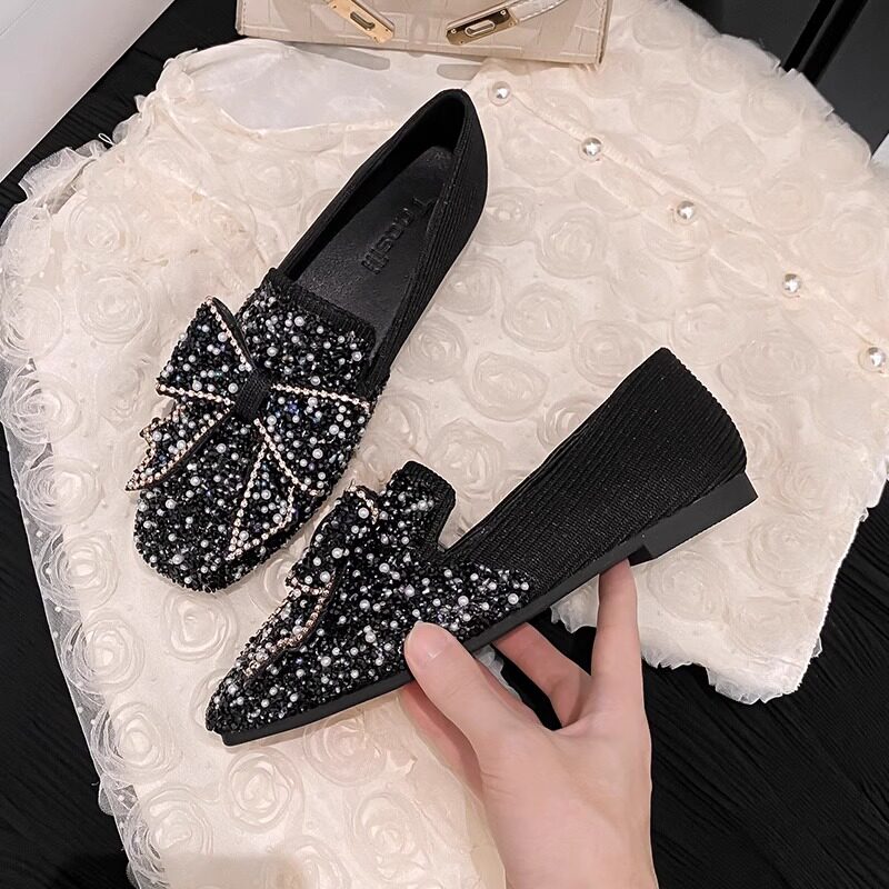 水钻小香风单鞋女2025年夏季新款温柔百搭舒适浅口气质大码豆豆鞋