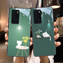 Cartoon cat light suitable for Huawei P40pro mobile phone shell net red new anti-fall protective sleeve ten P40 upscale ultra-thin glass P30pro personality creative female wave P20pro silica gel full