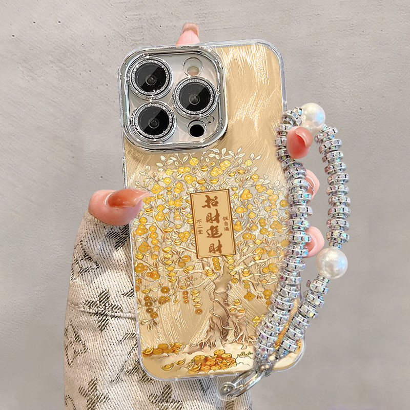 Fortune Tree Design Phone Case for Apple 16 Pro Max, New Model for Women, iPhone 15 Protective Case with Lens Film, High-End Feel for iPhone 14, 13 Pro Max, 12 with Lanyard, 11 with Chinese Style, Full Coverage Anti-Drop Silicone Soft Case