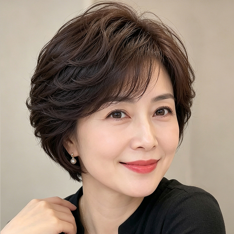 High-End Wig for Women with Short Hair, Full Real Hair, Korean-Style Texture, Slightly Curly Perm, Suitable for Middle-Aged and Elderly Women in Their 60S, Summer Thin Style, Full Head Cover High-End Wig for Women with Short Hair, Full Real Hair, Korean-Style Texture, Slightly Curly Perm, Suitable for Middle-Aged and Elderly Women in Their 60S, Summer Thin Style, Full Head Cover