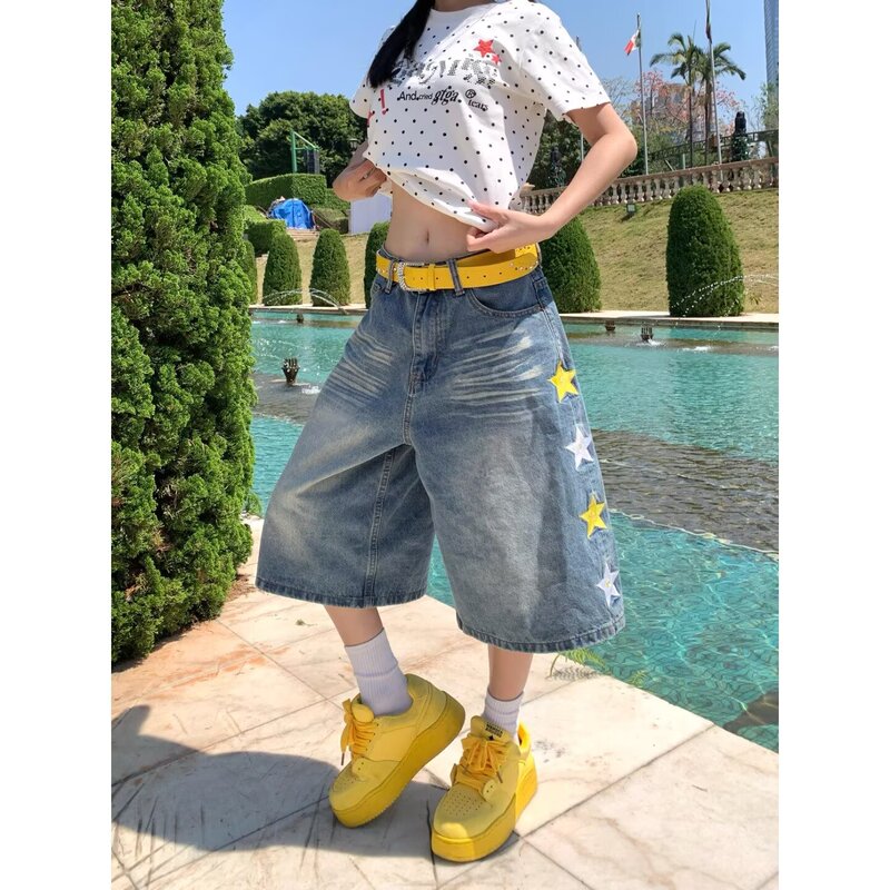 American Retro Star Embroidery Denim Capri Pants 2026 Summer Thin Loose Washed Wide-Leg Shorts