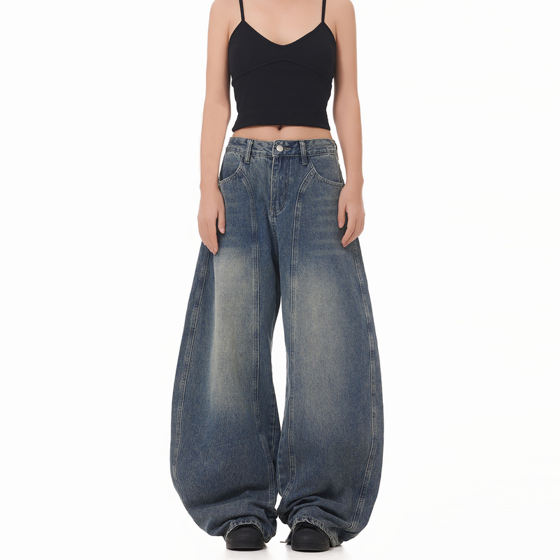 Original Design American Retro Washed Distressed Patchwork Scimitar Jeans Loose Trendy Straight Wide-Leg Pants
