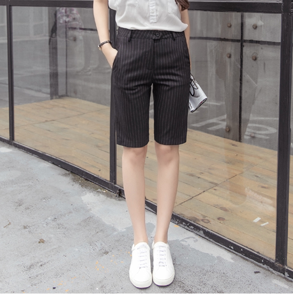Summer British-Style Casual Striped Five-Point Trousers, Slim Fit, Versatile Professional Straight-Leg Mid-Length Shorts for Women