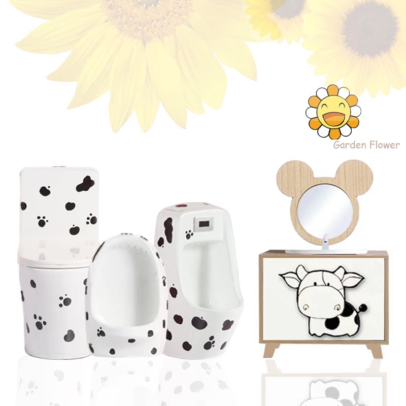 Soft Cute Dairy Cows Series Children Bath Room Cabinet Handwashing Tables Small Toilet Cartoon Small Poop Sensing Toilet Early