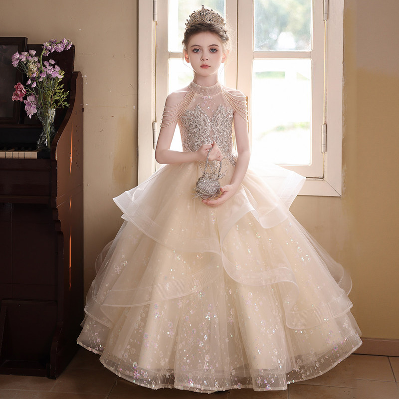 Girls' Host Evening Dress, High-End Light Luxury Niche Birthday Princess Dress, Children's Piano Performance Stunning Costume