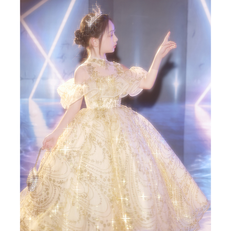 Golden Children's Dress Princess Dress Flower Girl Wedding Little Girl's Birthday Host Piano Performance Costume Golden Children's Dress Princess Dress Flower Girl Wedding Little Girl's Birthday Host Piano Performance Costume