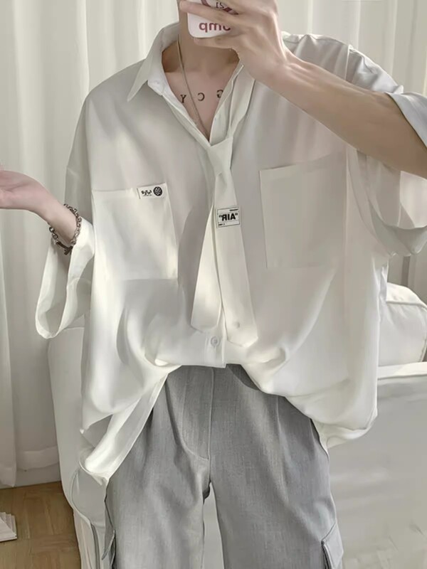 White Shirt for Women, Ice Silk Short-Sleeved, Summer Thin Style, Loose Fit, Polo Collar, Age-Reducing Top, French-Style Five-Quarter Sleeve Shirt Jacket