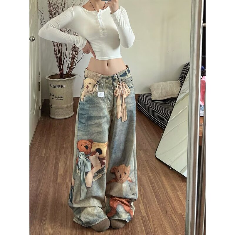 Cartoon 3D Bear Print Jeans for Women, 2026 Spring New Style, Street Style, Trendy Wide-Leg Pants Cartoon 3D Bear Print Jeans for Women, 2026 Spring New Style, Street Style, Trendy Wide-Leg Pants