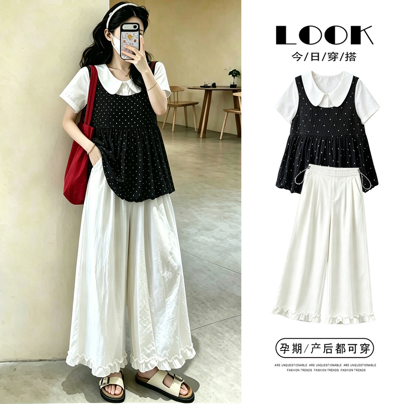 Pregnancy Pants Original Design Maternity Set Summer French Polka Dot Blouse Summer Vacation Two-Piece Doll Collar Short-Sleeve Top Pregnancy Pants Original Design Maternity Set Summer French Polka Dot Blouse Summer Vacation Two-Piece Doll Collar Short-Sleeve Top