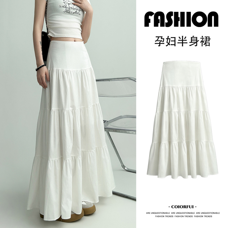 White Cake Skirt That Doesn'T Tighten the Belly during Pregnancy, No Need to Adjust, Large Pleated Umbrella Skirt with Extended Belly Support, Maternity Half Skirt