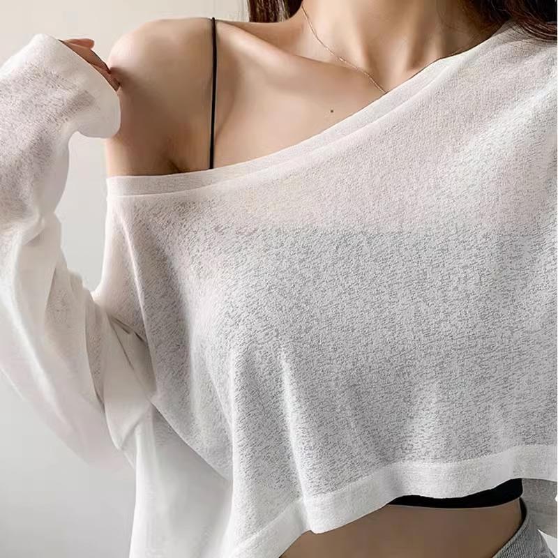 Jazz Dance Long-Sleeve T-Shirt for Women, Short Crop Top with Off-The-Shoulder Neckline, Mesh Thin Sun Protection Cover-Up Top