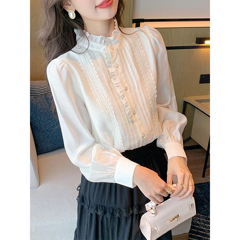 Белая кружевная рубашка с длинными рукавами и деревянными ушками, женская осенне-зимняя шифоновая рубашка, нижняя рубашка, темпераментный топ с воротником-стойкой
