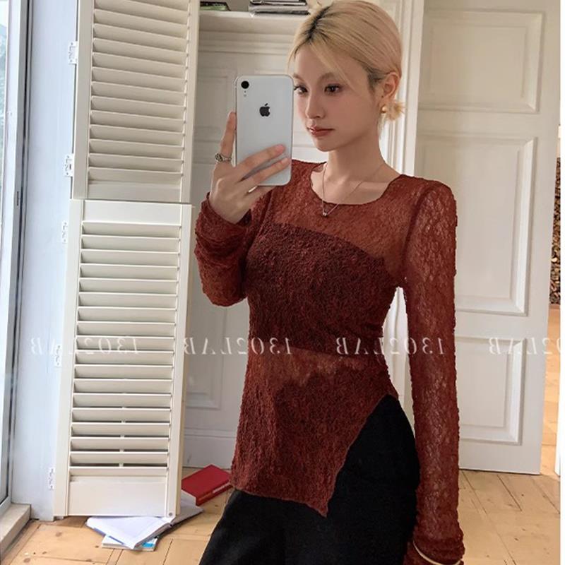 Lace Sun Protection Clothing, Long-Sleeved T-Shirt for Women, Thin See-Through Air-Conditioning Cover-Up, Short Base Layer, Sheer Hollow Mesh Top