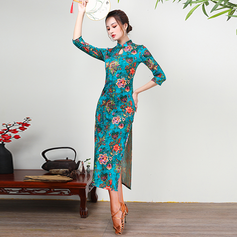 Sheng Jia Latin Dance Practice Women's Adult Dance Qipao Performance Classical Open Fork Elastic Ocean Dress Group Walking Show