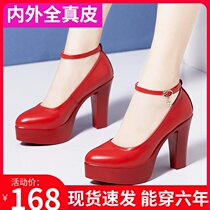 Real leather red waterproof bench coarse heel model qipao performance single shoe thick bottom big code 40-43 walk show high heel shoe woman