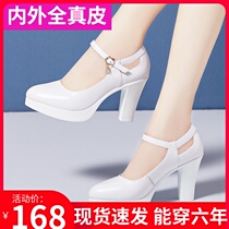 Real Leather High Heel Large Code Women Shoes White Waterproof Desk Single Shoes Coarse heel T Desk Model Qipao Walk Show Stage Performance Shoes