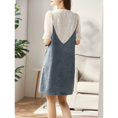 Комплект, джинсовое платье, юбка, летняя одежда, V-образный вырез, 2024 года, рукава фонарики, свободный прямой крой