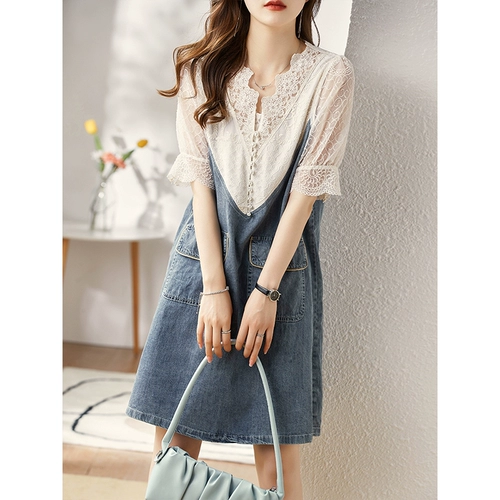 Комплект, джинсовое платье, юбка, летняя одежда, V-образный вырез, 2024 года, рукава фонарики, свободный прямой крой