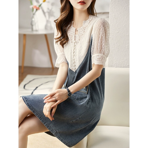 Комплект, джинсовое платье, юбка, летняя одежда, V-образный вырез, 2024 года, рукава фонарики, свободный прямой крой