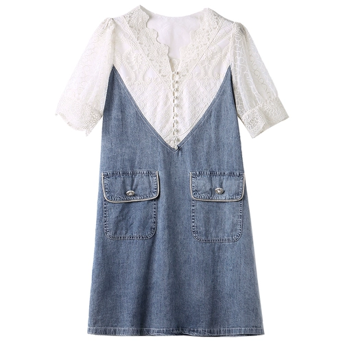 Комплект, джинсовое платье, юбка, летняя одежда, V-образный вырез, 2024 года, рукава фонарики, свободный прямой крой