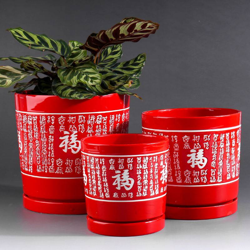 Extra large red ceramic flower pot with tray was contracted indoor desktop household more than other meat flowerpot ceramic clearance