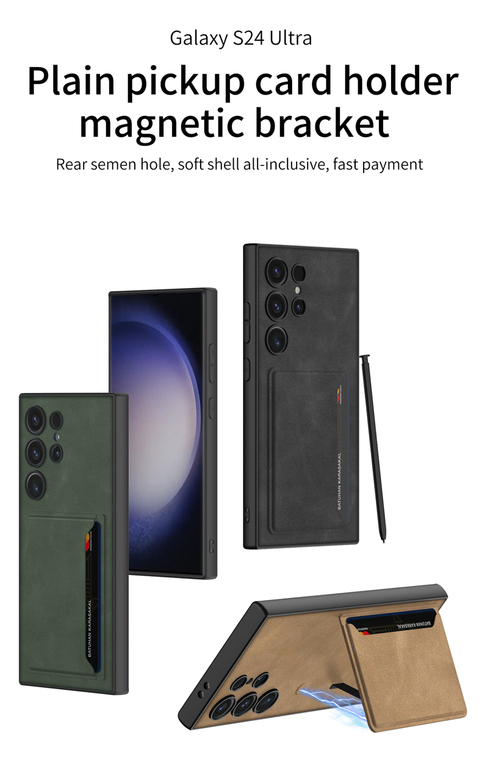Business Synthetic Leather Card Holder Kickstand Wireless Charging Compatible S24, S24 Plus, S24 Ultra Samsung Phone Case