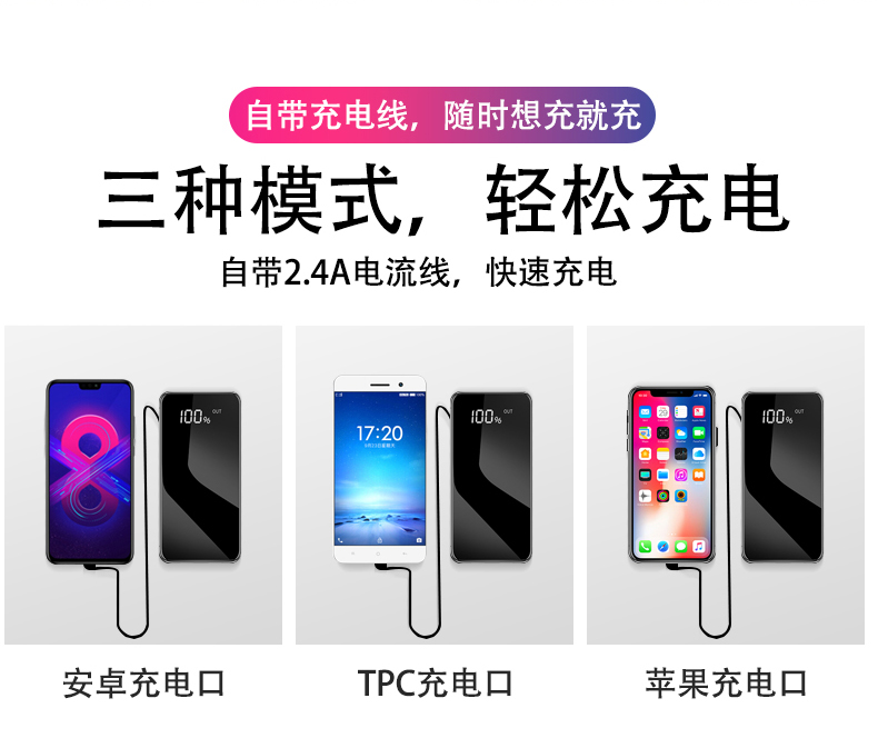 自带线镜面屏充电宝 10000毫安 图2