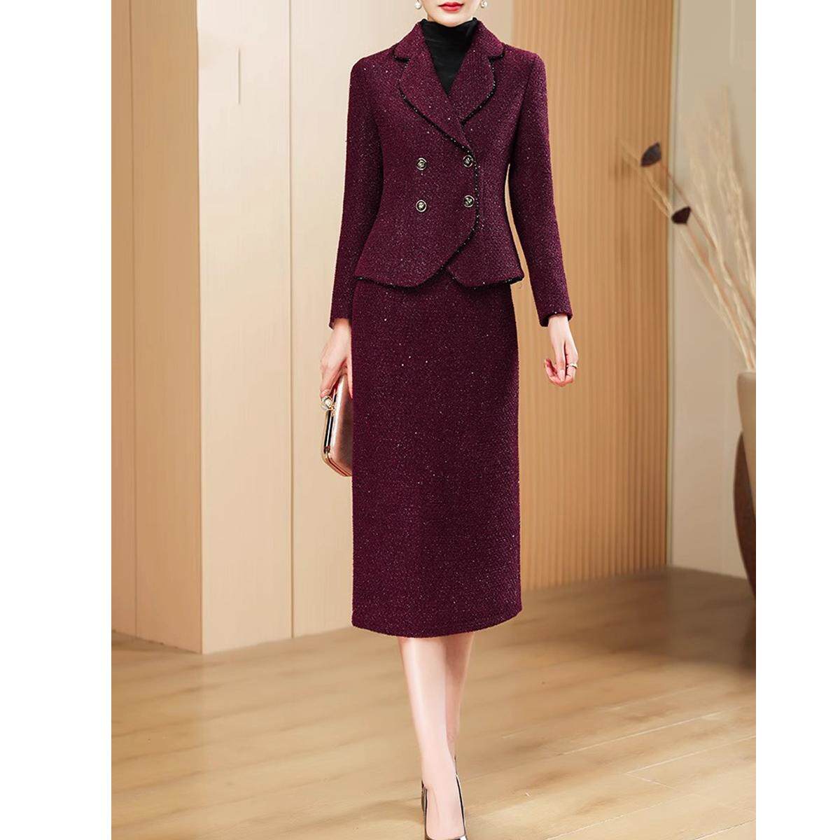 紫红色小香风套装女西装毛呢外套职业包臀半裙两件套晚礼服秋冬