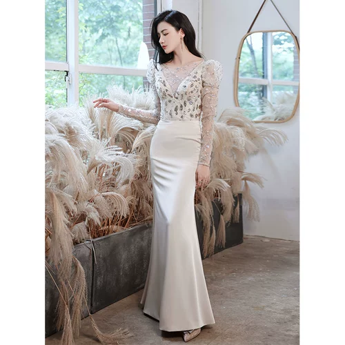 Элитное вечернее платье, цвета шампанского, коллекция 2023, крой «рыбий хвост»