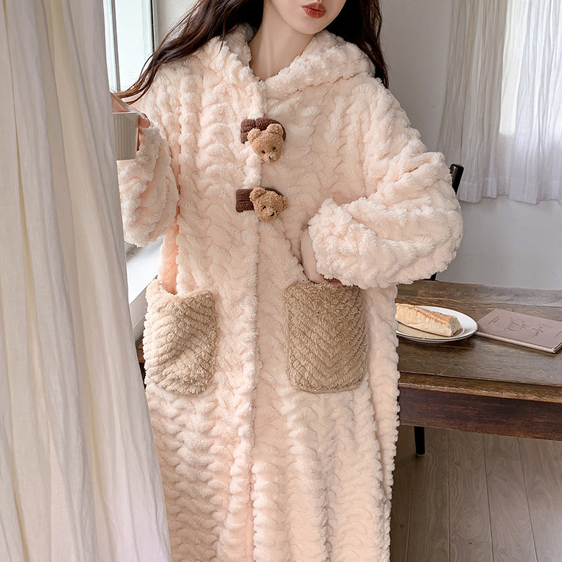 Small Bear Korean Version Sleeping Robe Woman 2023 Autumn Winter New Coral Suede Thickening of Lianhood Long Sleeping Pyjamas Sleeping Dress-Taobao