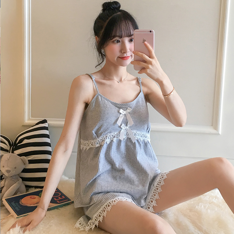 Bộ đồ ngủ nữ mùa hè bông phiên bản Hàn Quốc sexy dễ thương sling hai mảnh bộ mùa hè mỏng có thể đi ra ngoài quần áo về nhà.