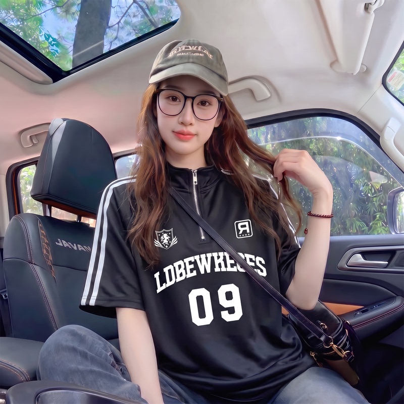 Plus-Size American-Style Sports Short-Sleeve T-Shirt for Women, 2026 Summer Half-Zip Polo Shirt with a Trendy Design, Loose Top