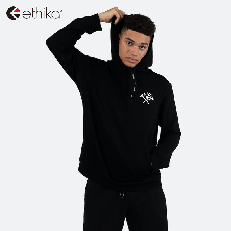 Ethika Men's Trendy Woody Axe Sweatshirt with Cool Print Pattern Black Hooded Drawstring Sweatshirt